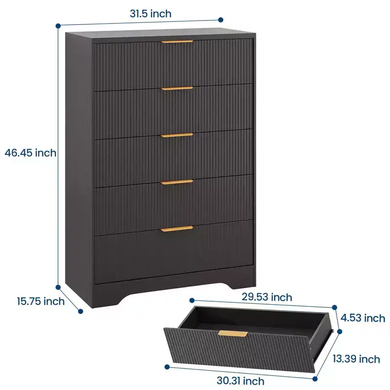GustoWave 5-Drawer Chest with Fluted Drawer Fronts and Gold-Tone Handles, Tall Storage Dresser for Bedroom