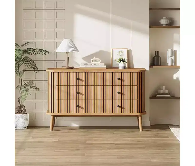 3 Drawer Dresser, Chest of Drawers for Bedroom, Spacious Storage Wicker Dresser with Matte Black Handles and Wood Legs for Closet, Hallway, Nature