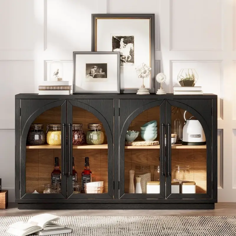 4-Door Large Storage Retro Sideboard with Metal Handles and Adjustable Shelves