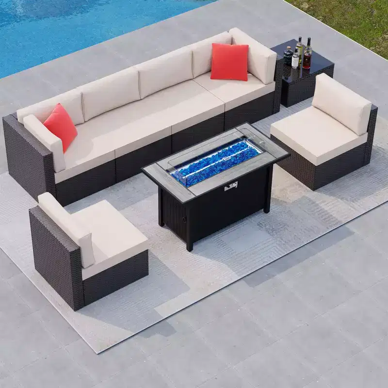 Celebalcony 8 Piece Patio Furniture Sets with 45In Fire Pit Table.PE Wicker Rattan Outdoor Sectional Sofa Couch Conversation Set w/Red Pillow