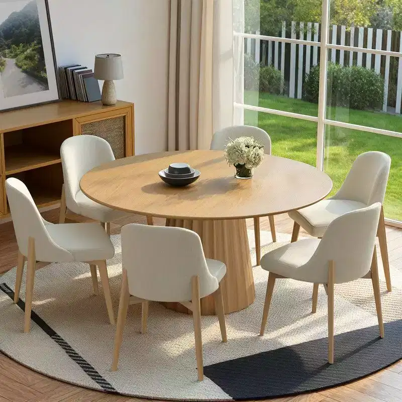 PexFix 52 Modern Round Dining Table Set with 8 Upholstered Chairs Natural Textured Wood Top Pleated Pedestal Base Beige Seats for Kitchen Dining Room
