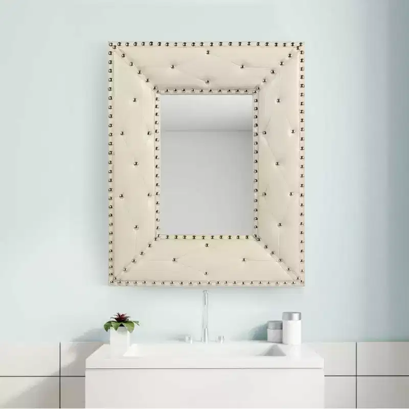 Rectangular Rivet Decor Wall Mirror, PU-Wrapped MDF Frame