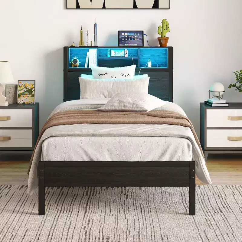 Twin Size Metal Platform Bed Frame with Storage Headboard, LED Lights & Charging Station