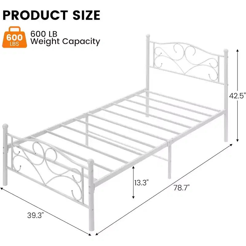 White Twin Bed Frame with Headboard, Heavy-Duty Metal Mattress Foundation with Steel Slats, No Box Spring Needed, Quiet & Durable
