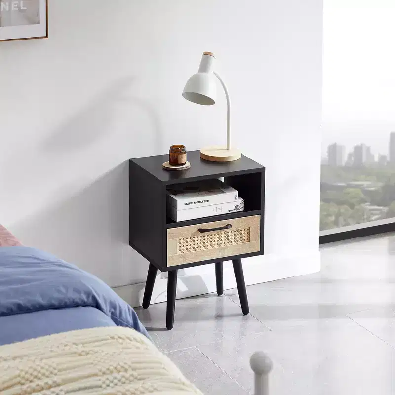 MAYEERTY Rattan End Table with Drawer and Solid Wood Legs, Side Table for Living Room, Bedroom, Black