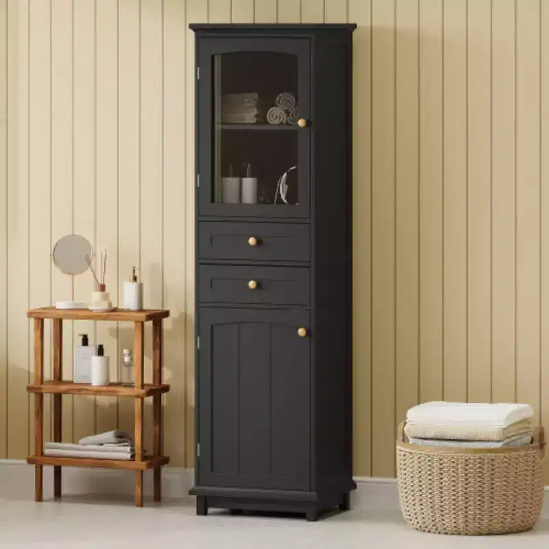 63 Inch High Bathroom Storage Cabinet with Independent Glass Door and Adjustable Shelf