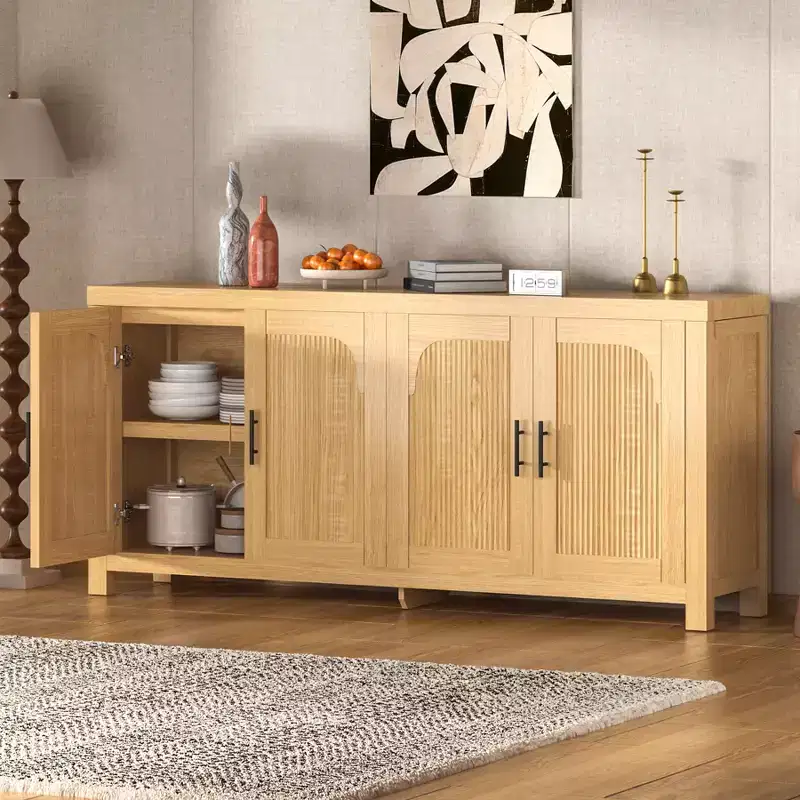 71 Modern Farmhouse Buffet Sideboard Credenza with Fluted Doors, Adjustable Shelves and Cable Management, Multi-Use Storage Cabinet