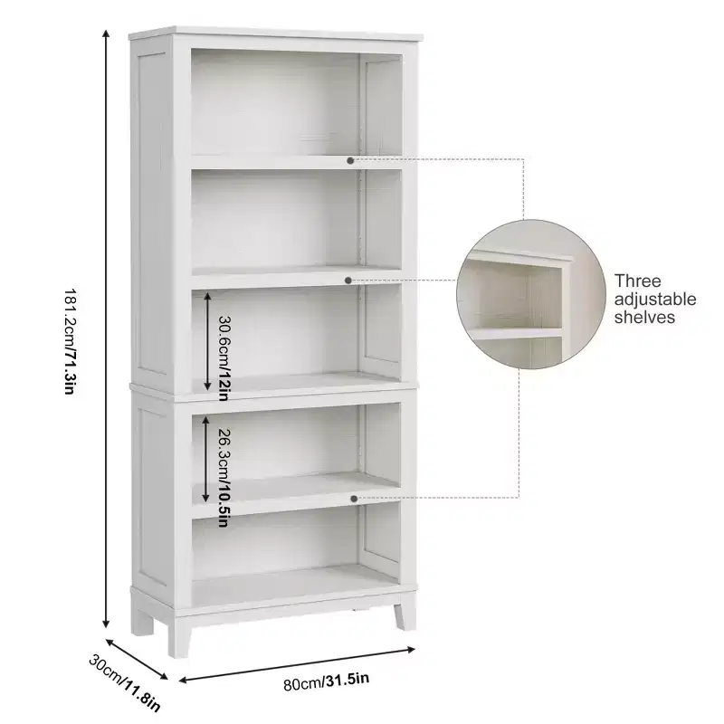 5 Tier Tall White Bookshelves, Large Wooden Bookcase with Adjustable Shelves