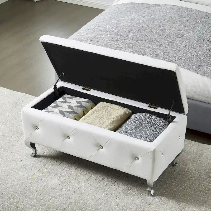 Upholstered Rectangular Storage Ottoman Bench with Crystal Button Tufting