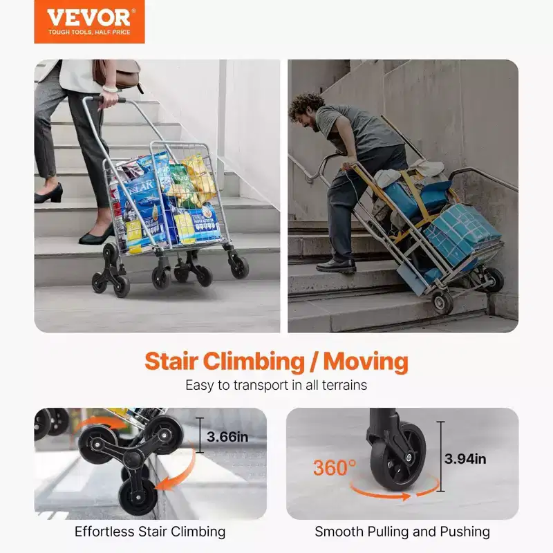 45L Stair Climbing Storage Cart, 360 Swivel Wheels, Tri-Wheels, Foldable Collapsible Lightweight Utility Cart for Laundry Travel, Silver