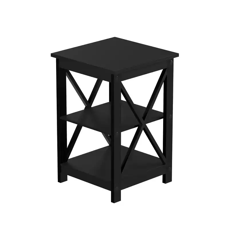 Wooden End Table with Two Shelves and X-Shaped Design