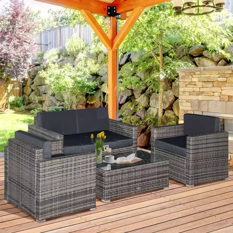 4 Piece Wicker Patio Furniture Set with Cushions, Outdoor Sectional Furniture with 2 Sofa, Loveseat, and Glass Top Coffee Table, Conversation Sofa Set
