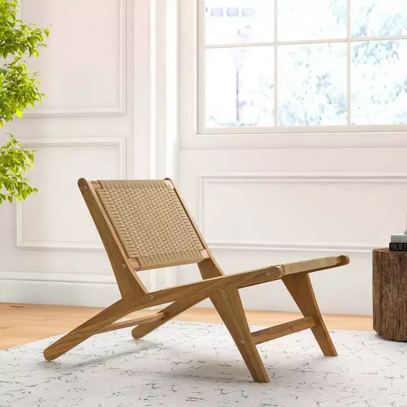 Costway 1/2 PCS Teak Wooden Chair with Braided Rope Seat & Backrest Mid Century Modern