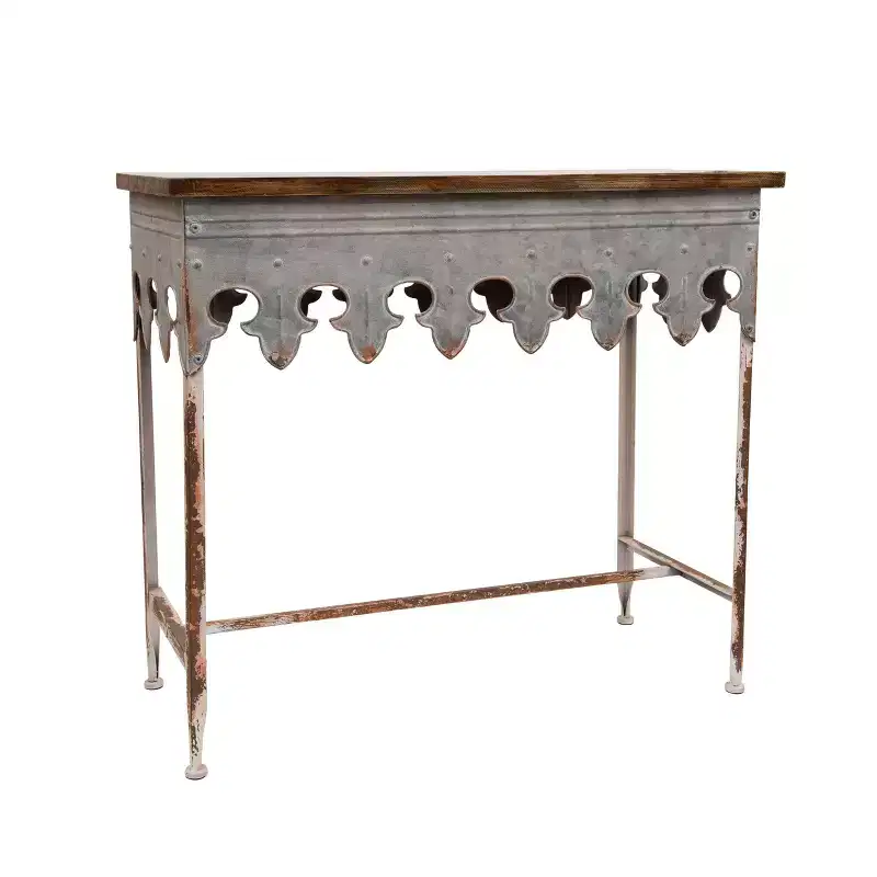 Storied Home Scalloped Sofa Table Silver: Farmhouse Zinc-Finish, Fir Wood Top, 44 lbs Capacity