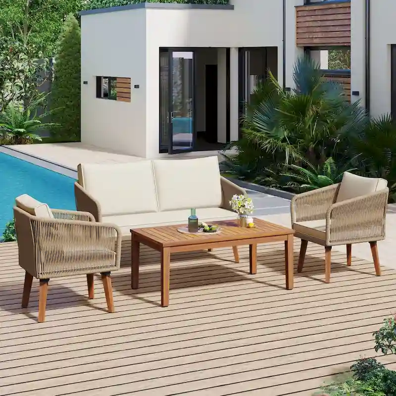 Mid-Century Modern 4-Piece Patio Set: Acacia Wood Loveseat, Chairs & Table