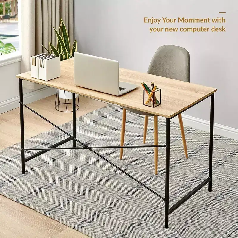 Office Desk Large Study Simple Desk for Home, Oak Tabletop with Black Frame, 47in
