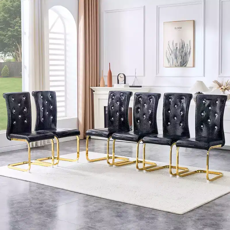 Set of 4 Upholstered Dining Chairs with Faux Leather and Crystal Buckle Details, with Durable Metal Legs
