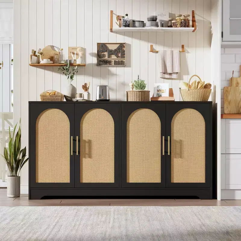 Sideboard Buffet Cabinet with 4 Rattan Doors, Large Credenza Storage Console Table