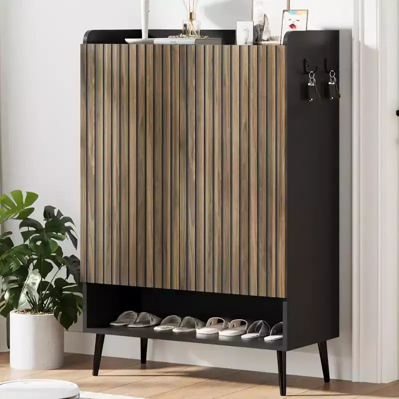 Shoe Cabinet with 2 Doors and Adjustable shelves, Modern 6-Tier Shoe Organizer with Additional Hooks for Hallway, Entryway, Living Room