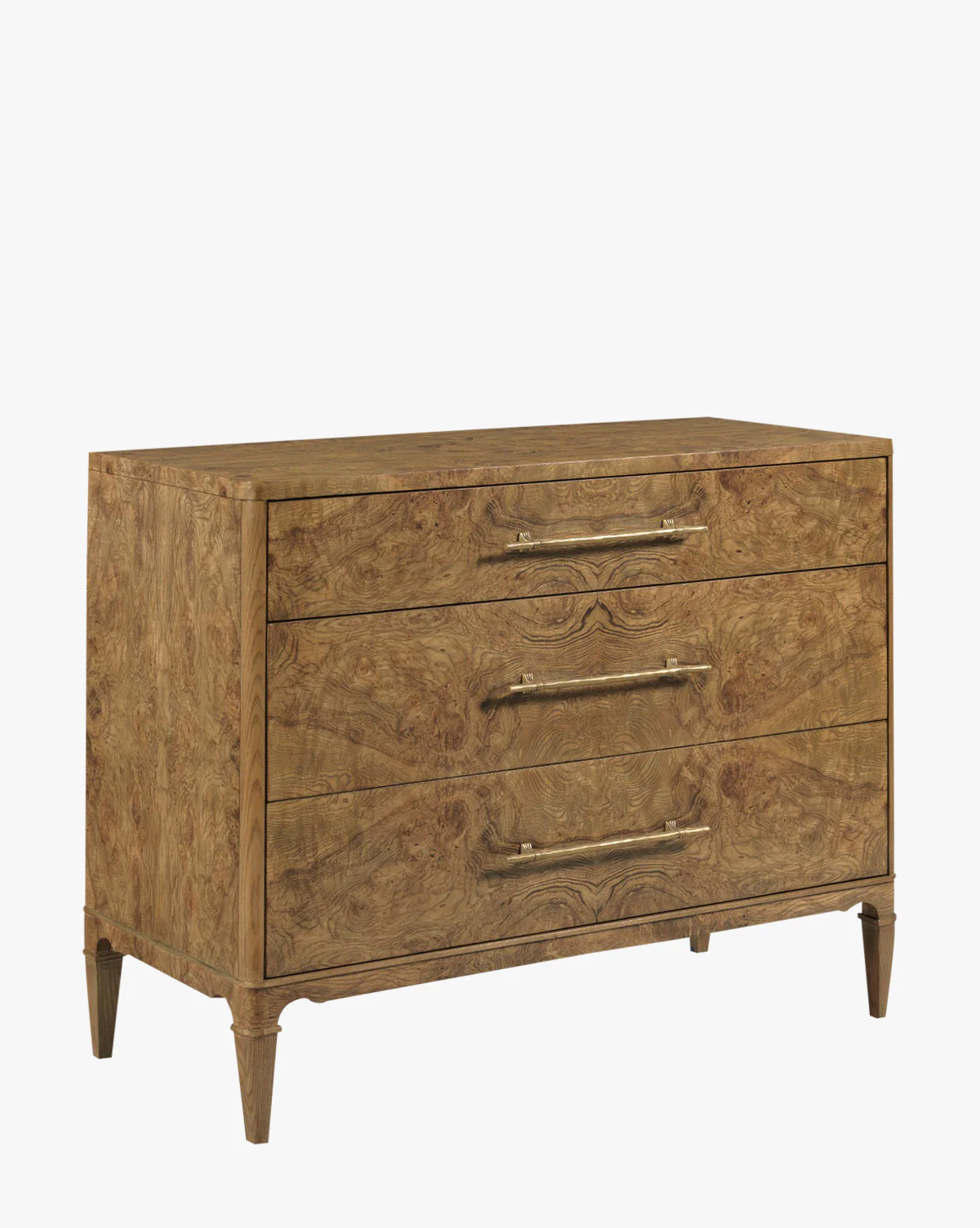 Artisan Olive Ash Burl Chest with Brass Hardware & Tapered Legs for Bedroom