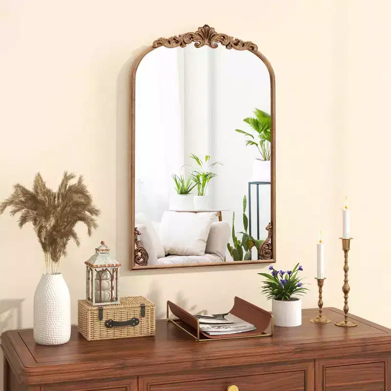 Costway 30 x 20/36 x 24/38 x 26 Gold Traditional Vintage Ornate Baroque Arched Mirror for Wall with Metal Frame