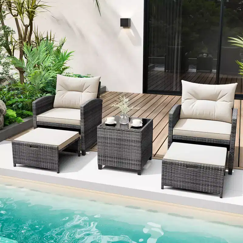 Costway 5 Piece Patio Rattan Furniture with 2 Ottomans & Tempered Glass Coffee Table Mix Gray + Turquoise/Off-White/Red/Brown/Gray/Navy/Black