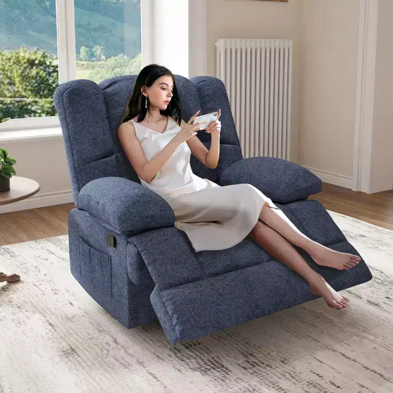Blue Oversized Rocking Recliner Sofa for Adults, Chenille, Ergonomic, Perfect for Living Room