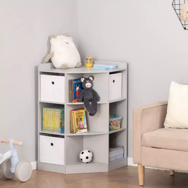 Wooden Kids Cabinet Freestanding Corner Storage Drawer Toys Clothes Books Organizer Dresser Children Bookcase Display Shelf Wardrobe for Bedroom with Anti-toppling Hardware Drawers
