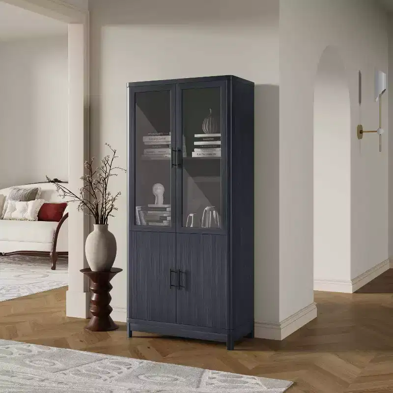 Manhattan Comfort 67.6 Jodie Bookcase with 6 Adjustable Shelves and Tempered Glass Doors