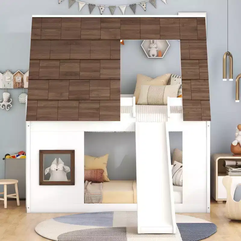 Bunk Bed Frame with Roof, Window, Guardrails & Built-in Ladder(Upgraded) - White & Brown