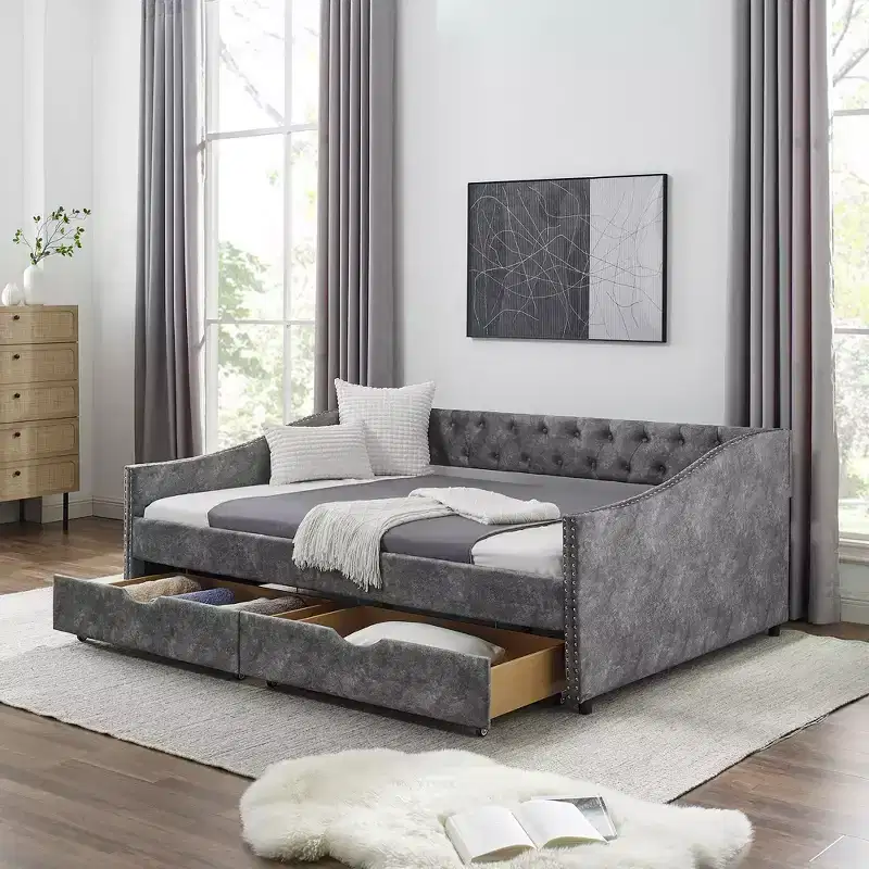 Full Size Upholstered Button Tufted Sofa Bed with Drawers and Waved Shape Arm, Gray