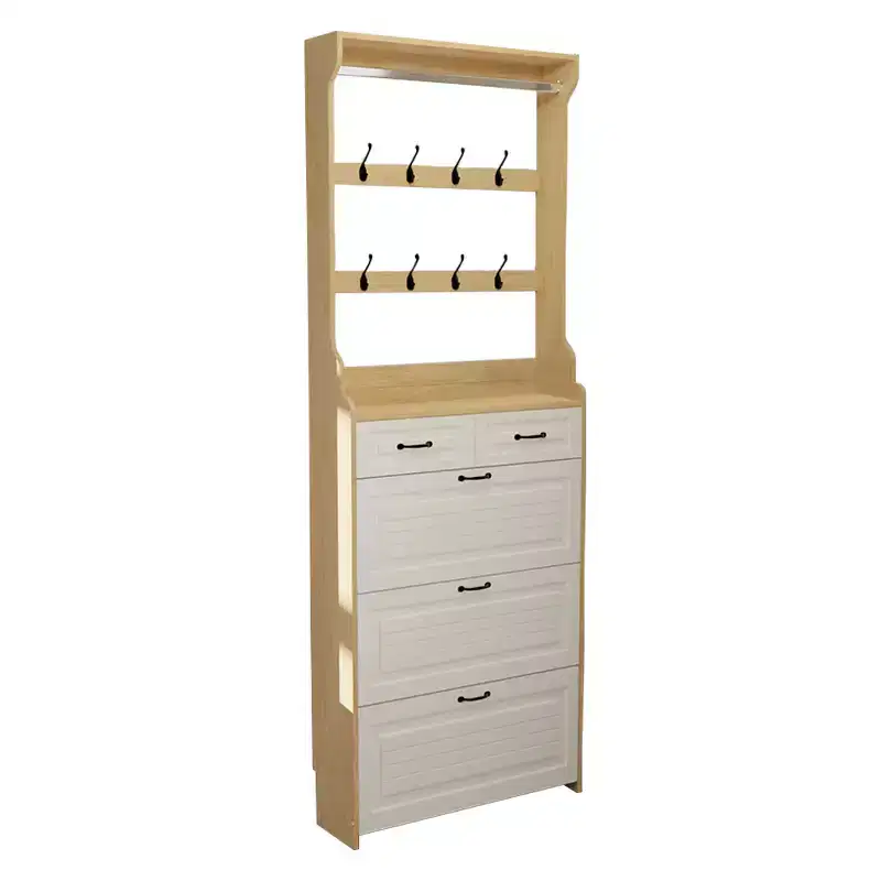Freestanding Shoe Cabinet with Flip-Top Doors, Drawers and Hooks