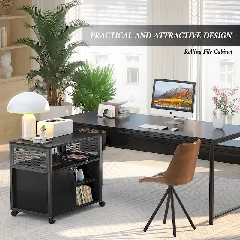Rolling File Cabinet Lateral Office Filing Cabinets with Charging Station,Modern Printer Stand on Wheels