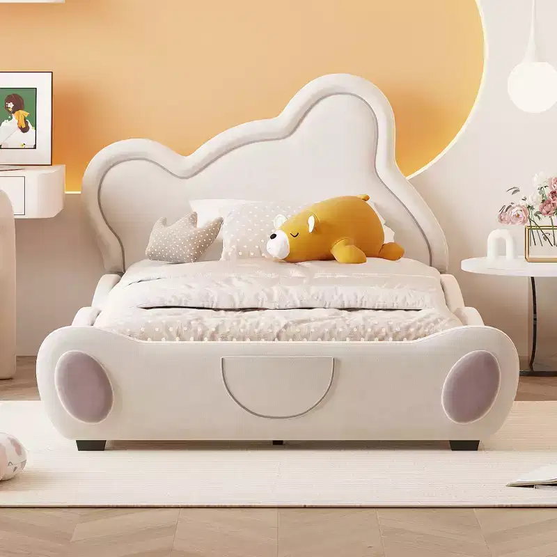 Twin/Full/Queen Size Velvet Upholstered Platform Bed with Bear-Shaped Headboard and Bed-End Storage Pocket 4W - ModernLuxe