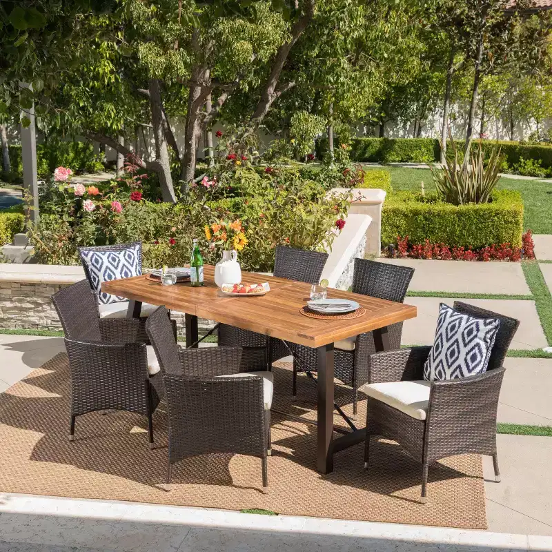 GDFStudio Plauche Outdoor Wicker and Acacia Wood 7 Piece Dining Set with Cushion, Teak/Multibrown/Beige