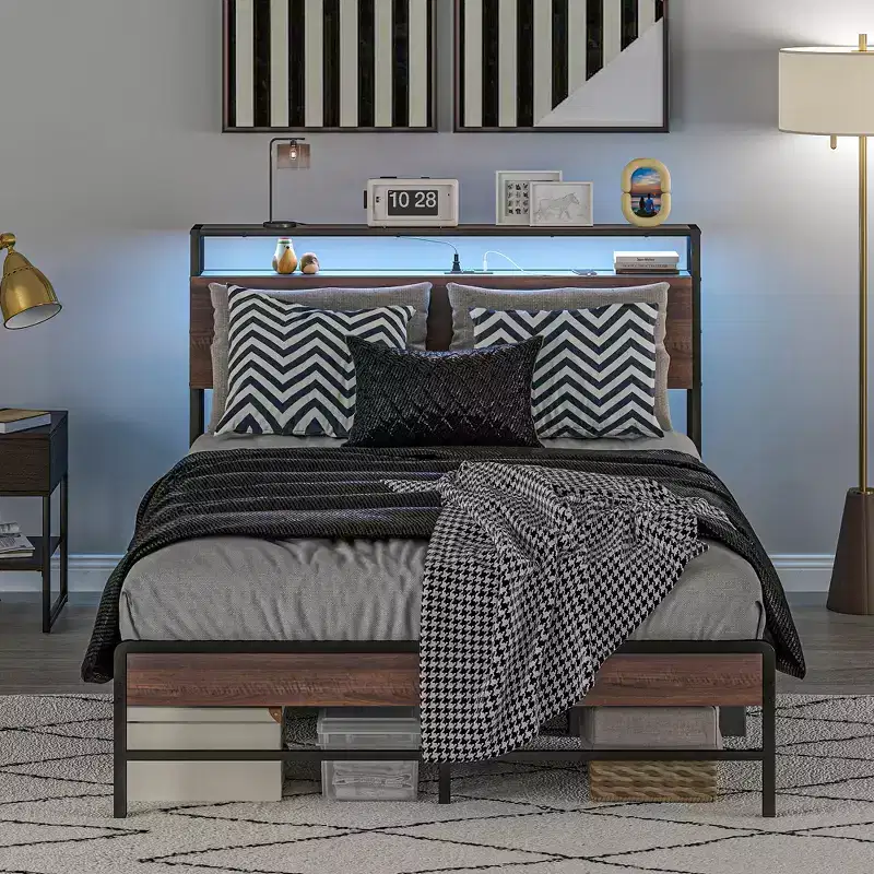 Bed Frame with Headboard, Lights, Charging Station, Storage Shelf, Noise-Free & No Box Spring Needed, Walnut