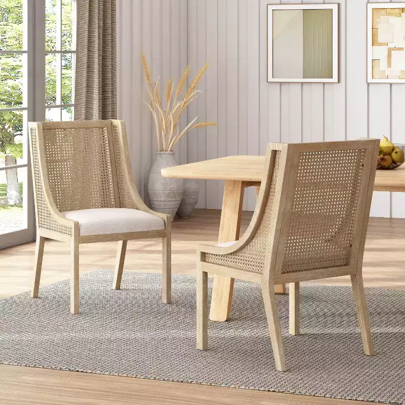 Christopher Knight Home Set of 2 Maurers Cane and Wood Upholstered Dining Chairs Beige/Natural