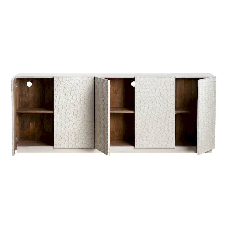 Five-Door Solid Mango Wood Sideboard with Embossed Doors & Coastal White Finish