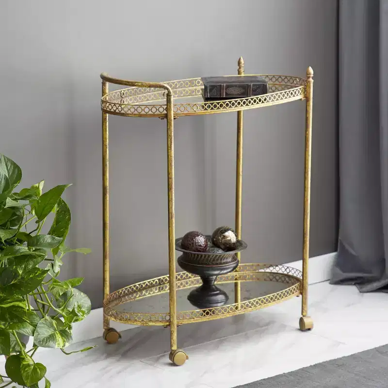 Gold Oval Rolling Bar Cart with Antique Mirror Glass Shelves – 2-Tier Iron Frame