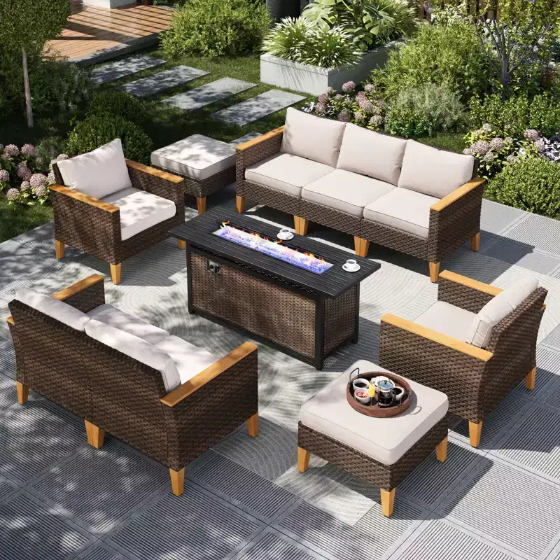 Captiva Designs 10pc Wicker Outdoor Patio Rattan Sectional Conversation Sofa Set with Fire Pit Table and Cushioned Ottoman