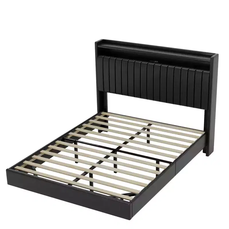 Queen/Full Size Floating Bed Frame with LED Lights Charging Station, Upholstered Leather Platform Bed Frame with Headboard,Black,White