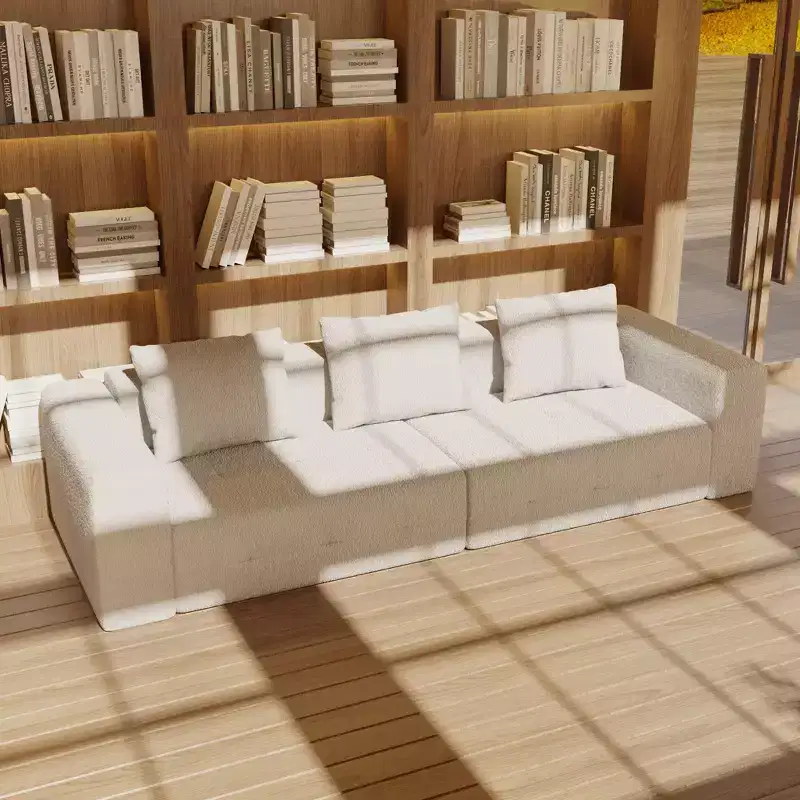 Famapy Modern Beige Fluffy Fabric Sofa with Matching Cushions Stylish Comfort for Living Spaces