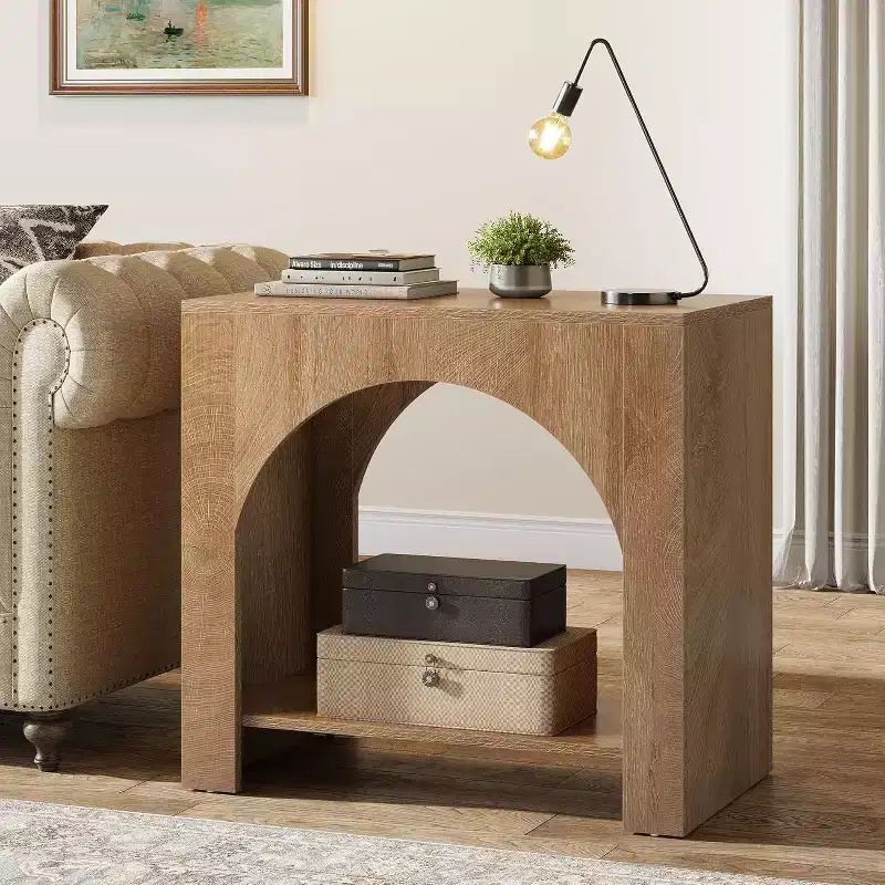 Lantine Farmhouse End Table with Wooden Pedestal, Large Sofa Side and Bedside Storage Nightstand for Living Room, Bedroom