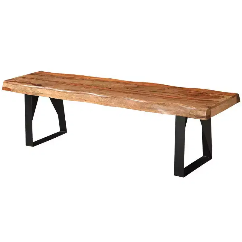 68 Brown and Black Solid Wood And Metal Live Edge Dining Bench
