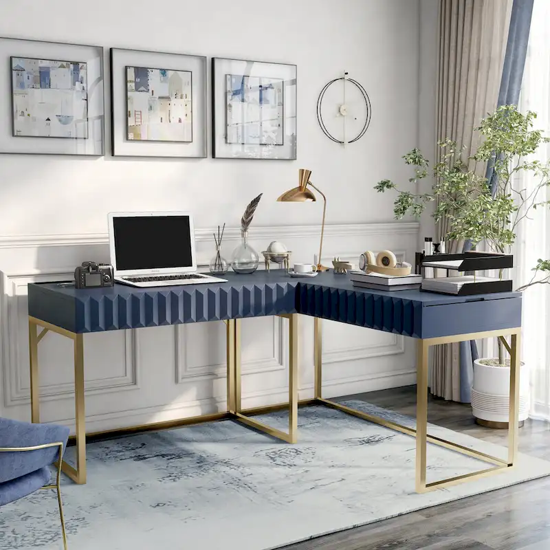 Bird Glam Metal Lift-top L-Shaped Computer Desk with USBs