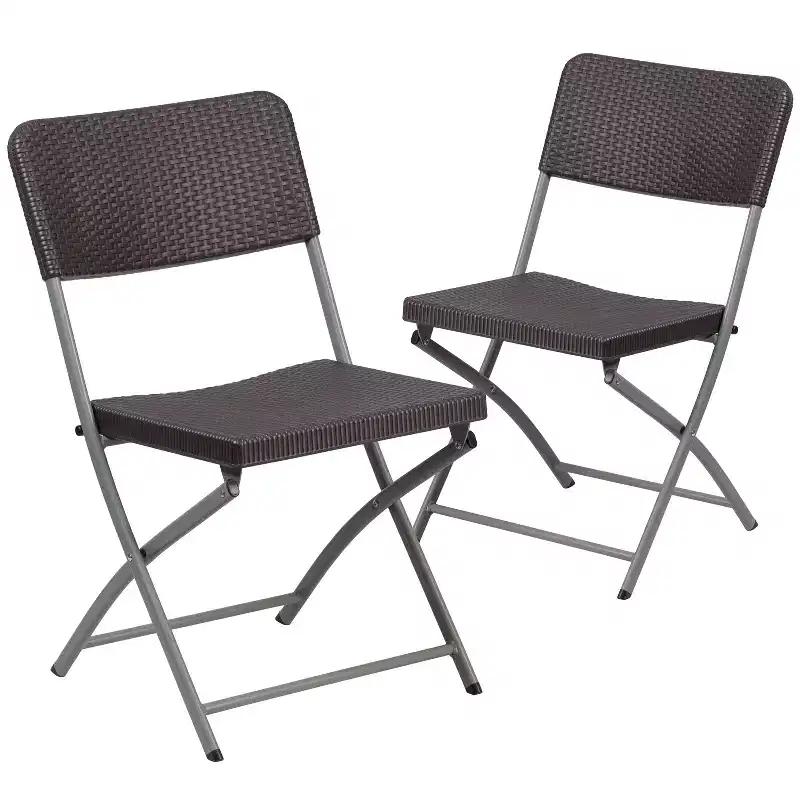 Flash Furniture 2 Pack HERCULES Series Brown Rattan Plastic Folding Chair with Gray Frame