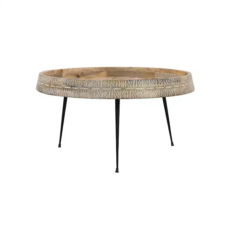 The Urban Port 29" Modern Handcrafted Round Coffee Table Natural Brown Wood Top with Carved Edge Black Iron Legs Brown/Black
