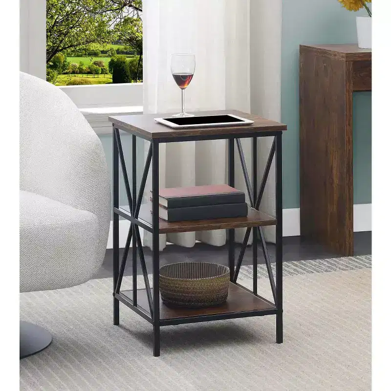 HomeStock Belmont End Table with Three Shelves, Crisscross Metal Frame and Woodgrain Finish, Modern Accent Storage Table for Living Room
