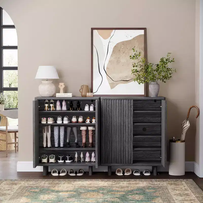 41.5 Fluted Door Shoe Cabinet - 5-Tier Rustic Entryway Storage Bench with Adjustable Shelves for Hallway