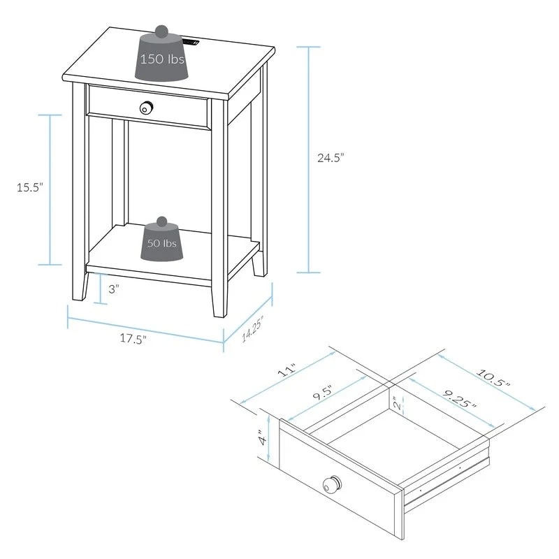 1-Drawer Solid Wood Nightstand with 4 USB Charging Ports – 3 Finishes